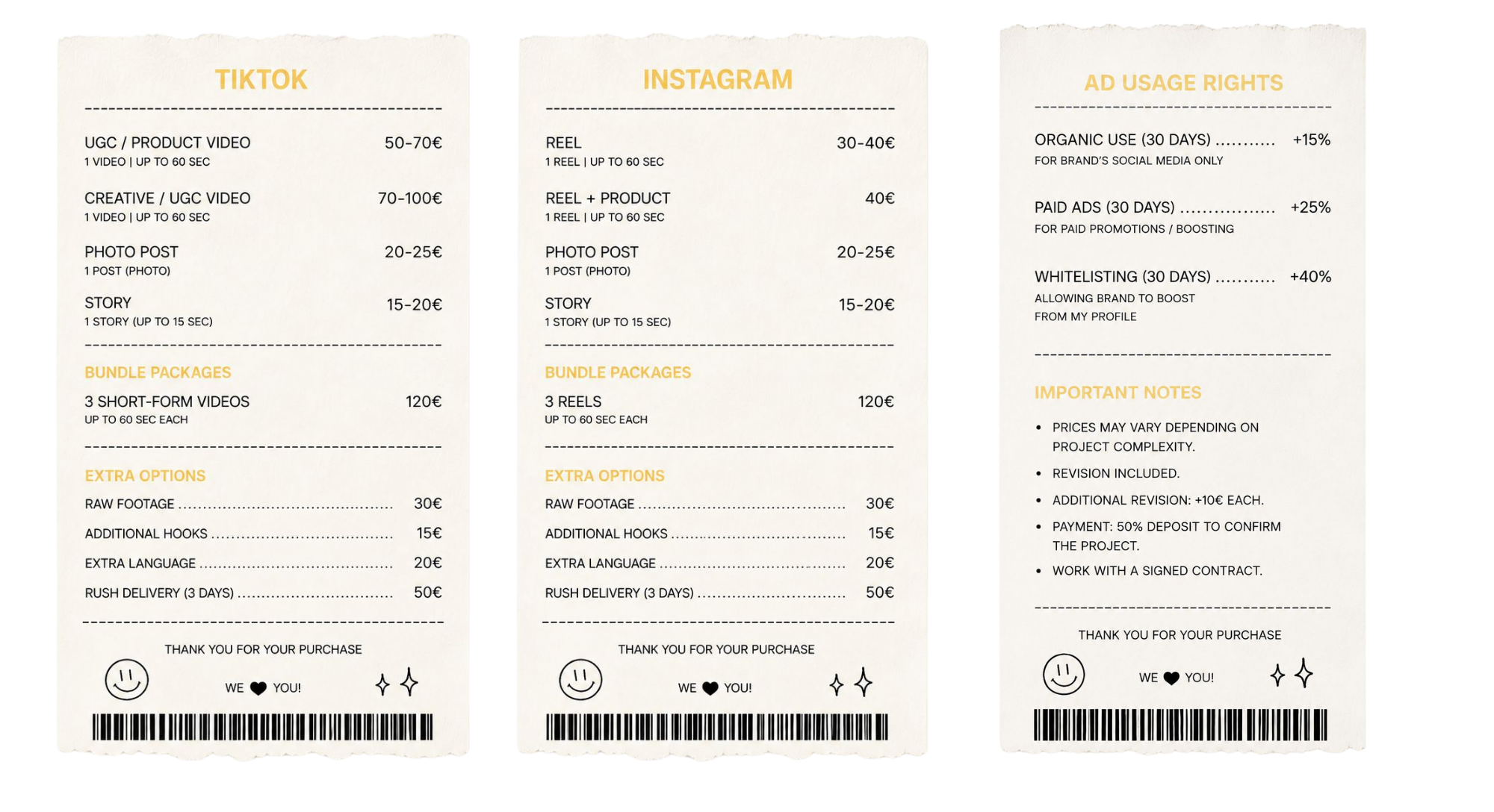 Pricing receipt